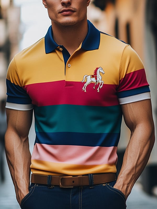 Camisa polo ejecutivo rayas Logo con botones de manga corta para hombre