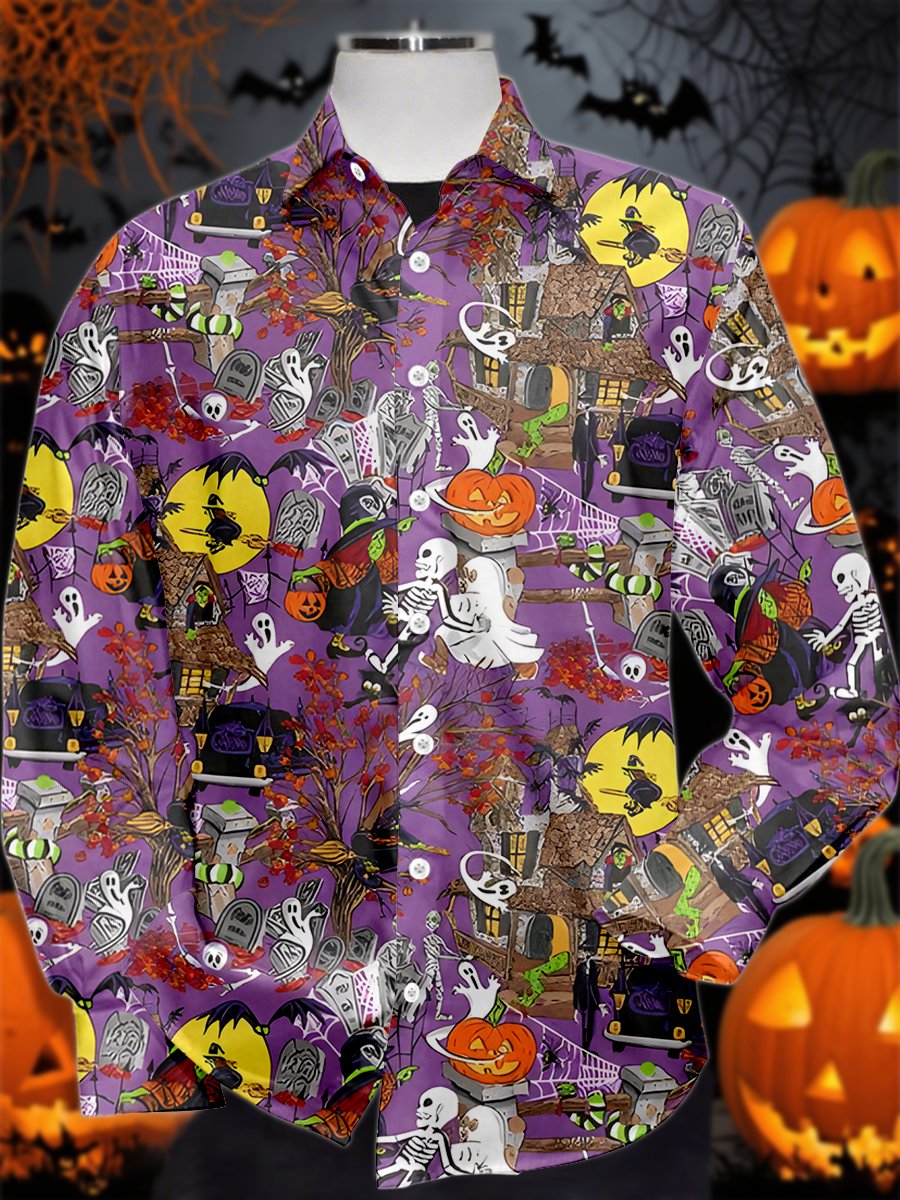 Camisa vintage Halloween estampado de manga larga para hombre