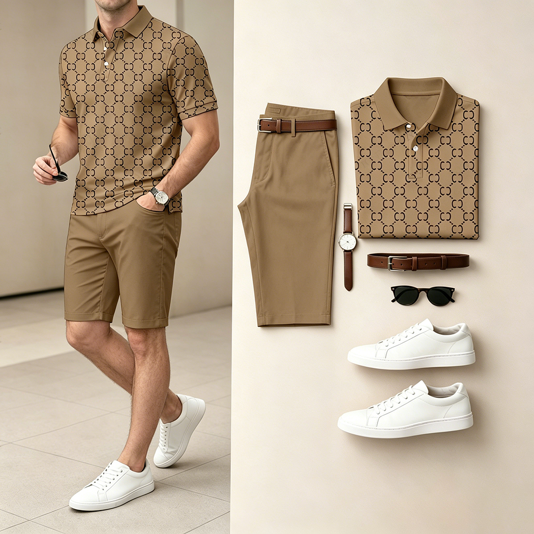 Conjunto de dos piezas casual Brown Color camisa polo & shorts para hombre