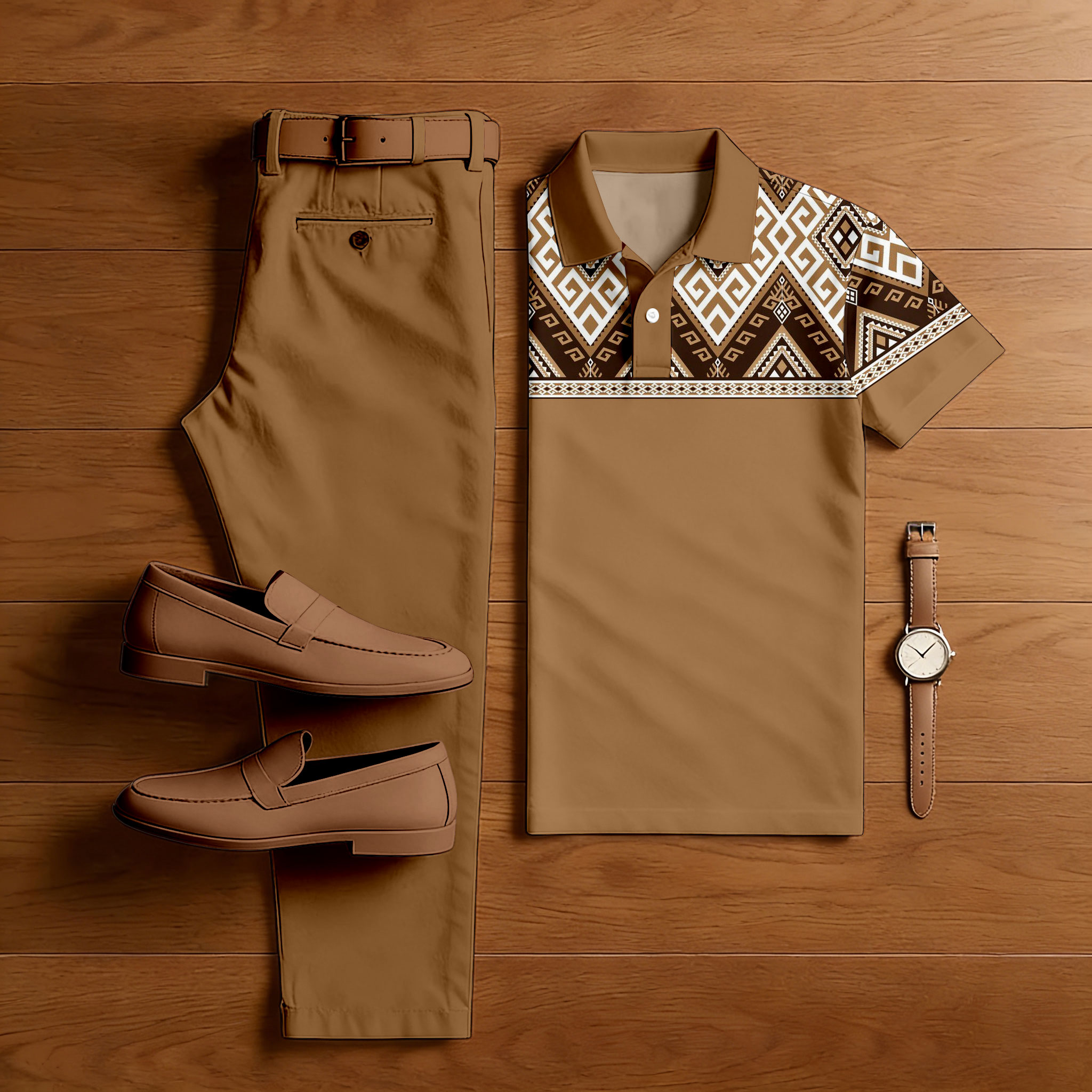 Conjunto de dos piezas casual Brown Color Matching Ethnic Styled estampado de manga corta camisa polo & Trousers para hombre