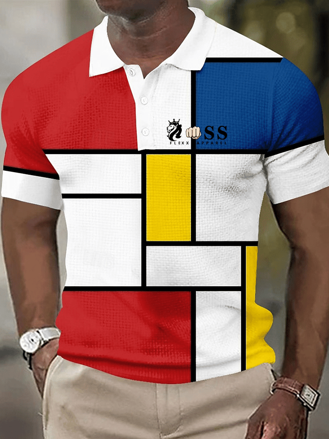 Camisa polo elegantee Letter estampado Waffle Fabric de manga corta para hombre