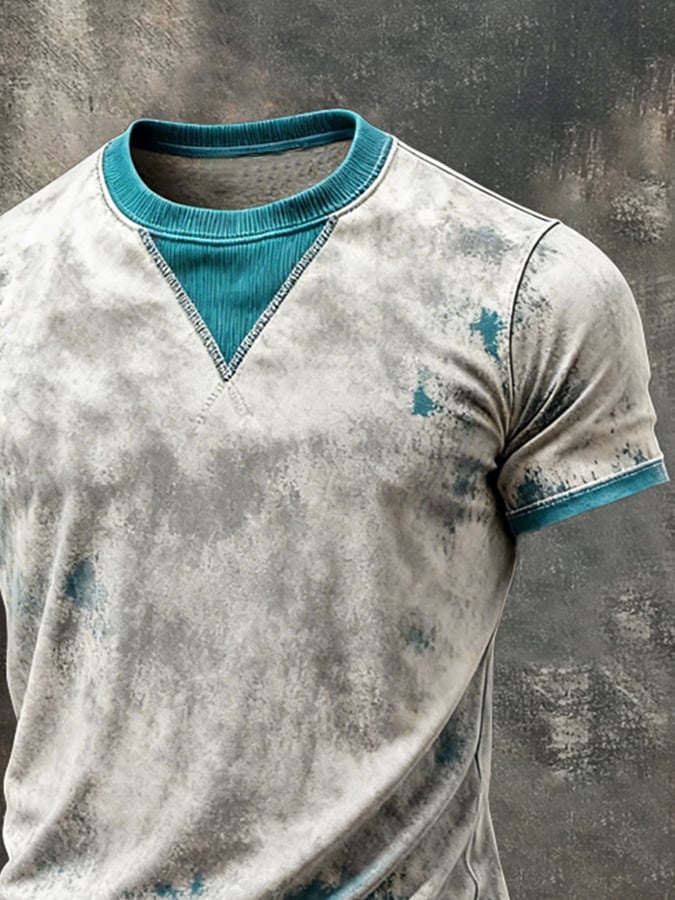 Retro en bloques de color cuello redondo de manga corta Top para hombre
