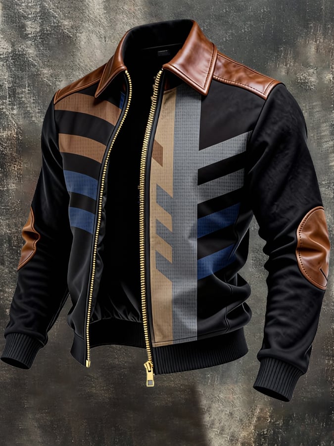 Chaqueta retro en bloques de color estampado Patchpara trabajo cuero Warm Multi-bolsillo para exterior para hombre