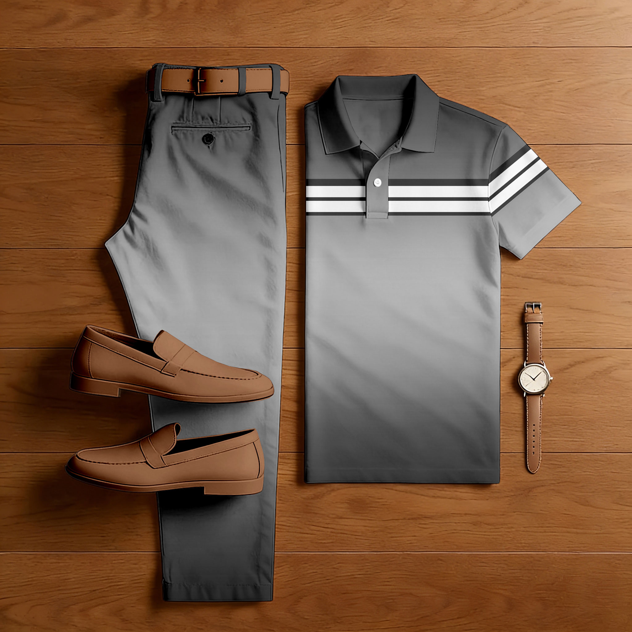 Conjunto de dos piezas casual Gray & White Color Matching Gradient estampado de manga corta camisa polo & Trousers para hombre