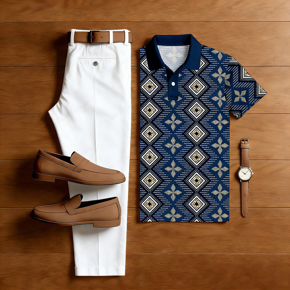 Conjunto de dos piezas casual Navy Blue Color Matching Ethnic Style estampado de manga corta camisa polo & White Trousers para hombre