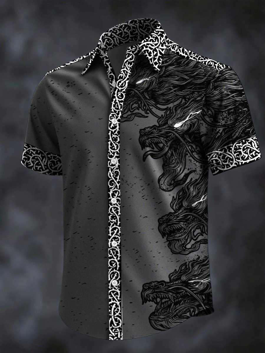 Camisa retro Horror Skull estampado solapa de manga corta para hombre