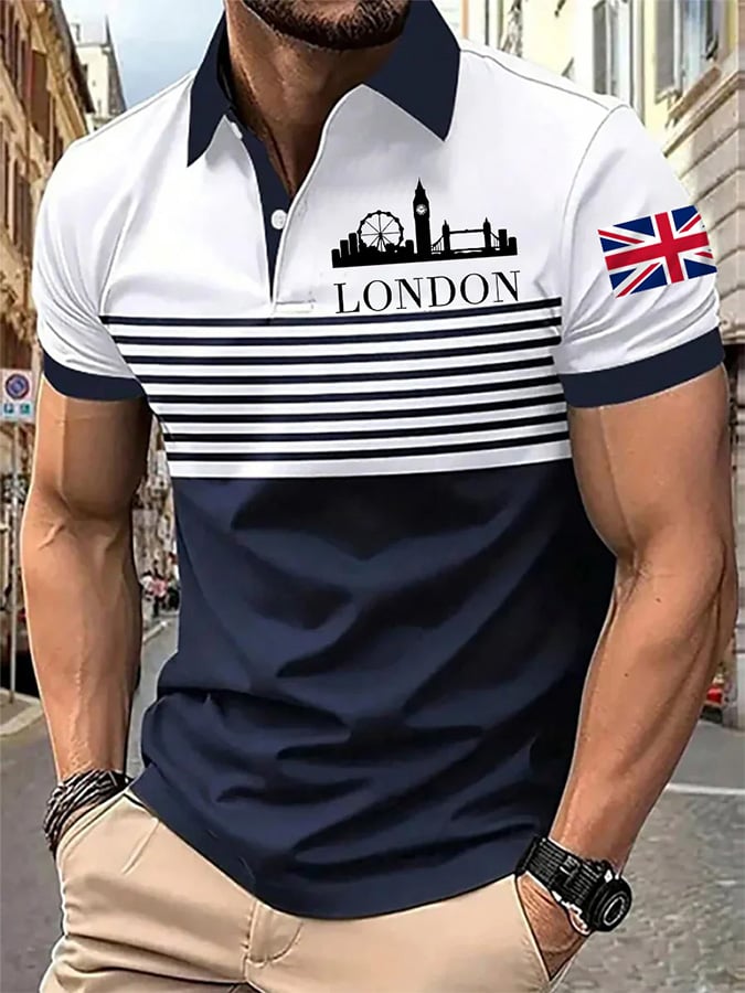 Camisa polo UK gráfico estampado de manga corta ejecutivo para hombre