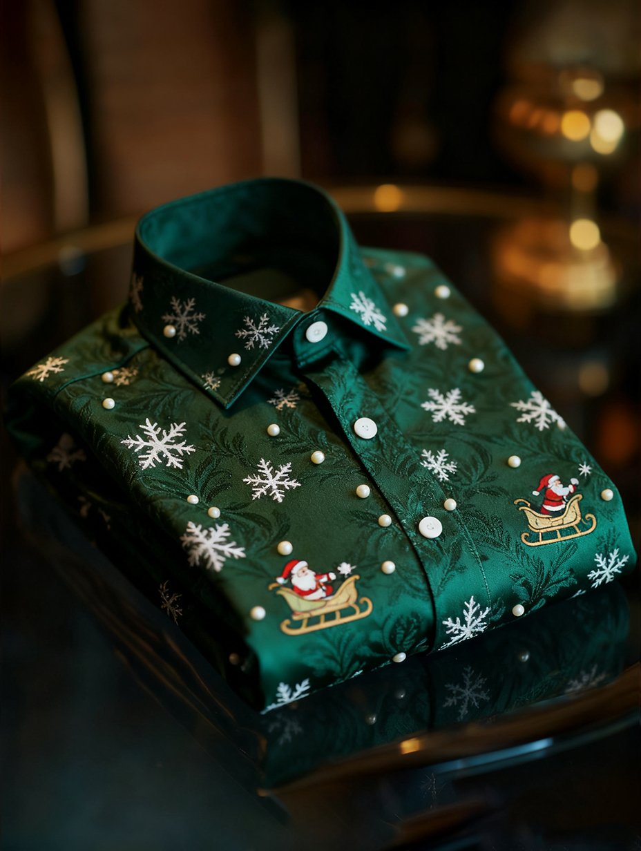 Camisa de lujo Christmas Party de manga larga con botones para hombre