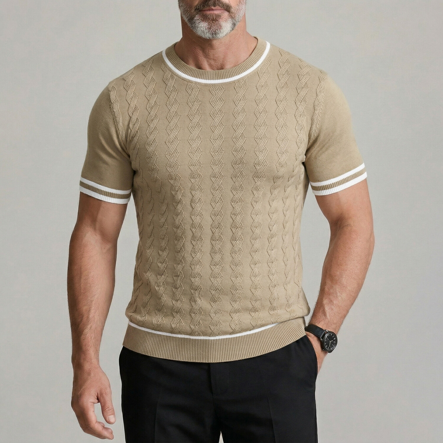 Camiseta casual de color sólido Crew Neck Twisted Cable tejido Tight Fit para hombre