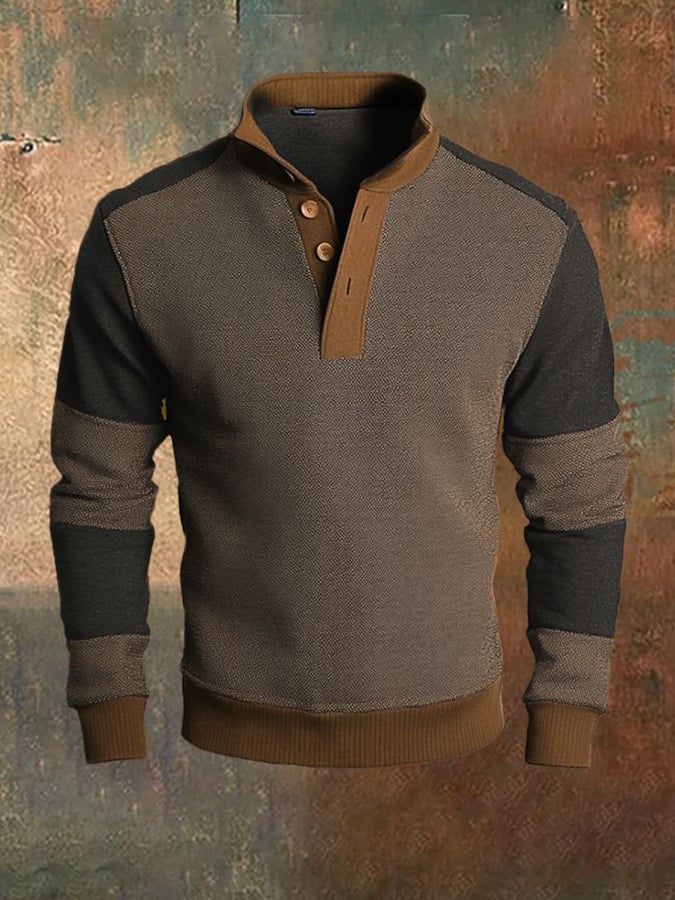 Sudadera casual retro Contrast Color Stand cuello de manga larga para hombre