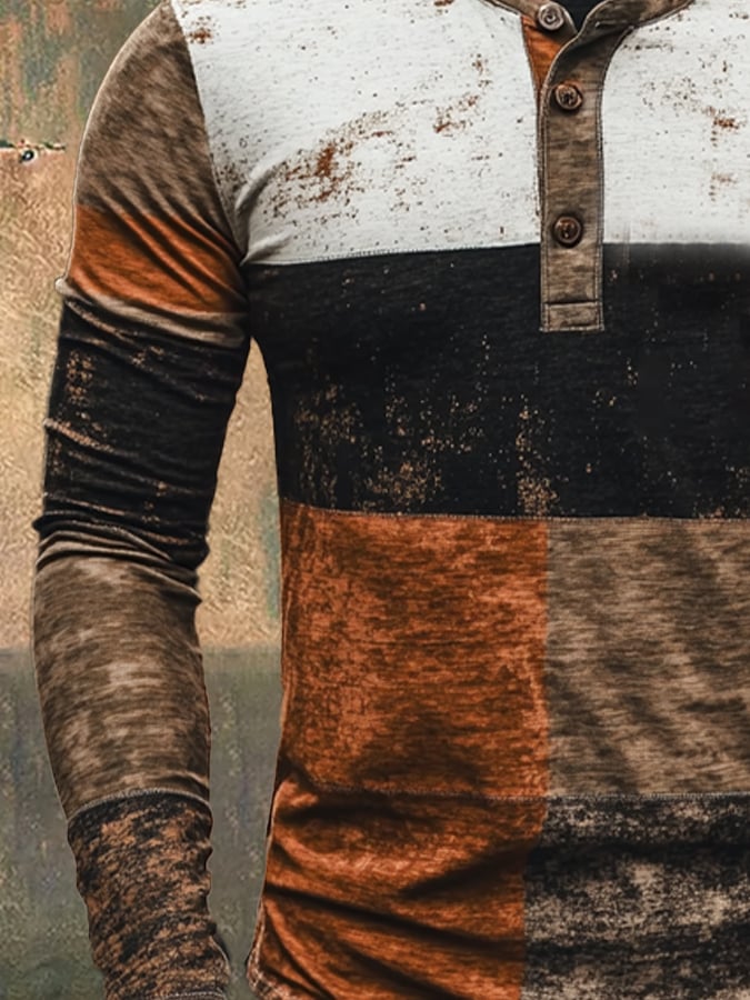 Retro en bloques de color de manga larga Henley para hombre