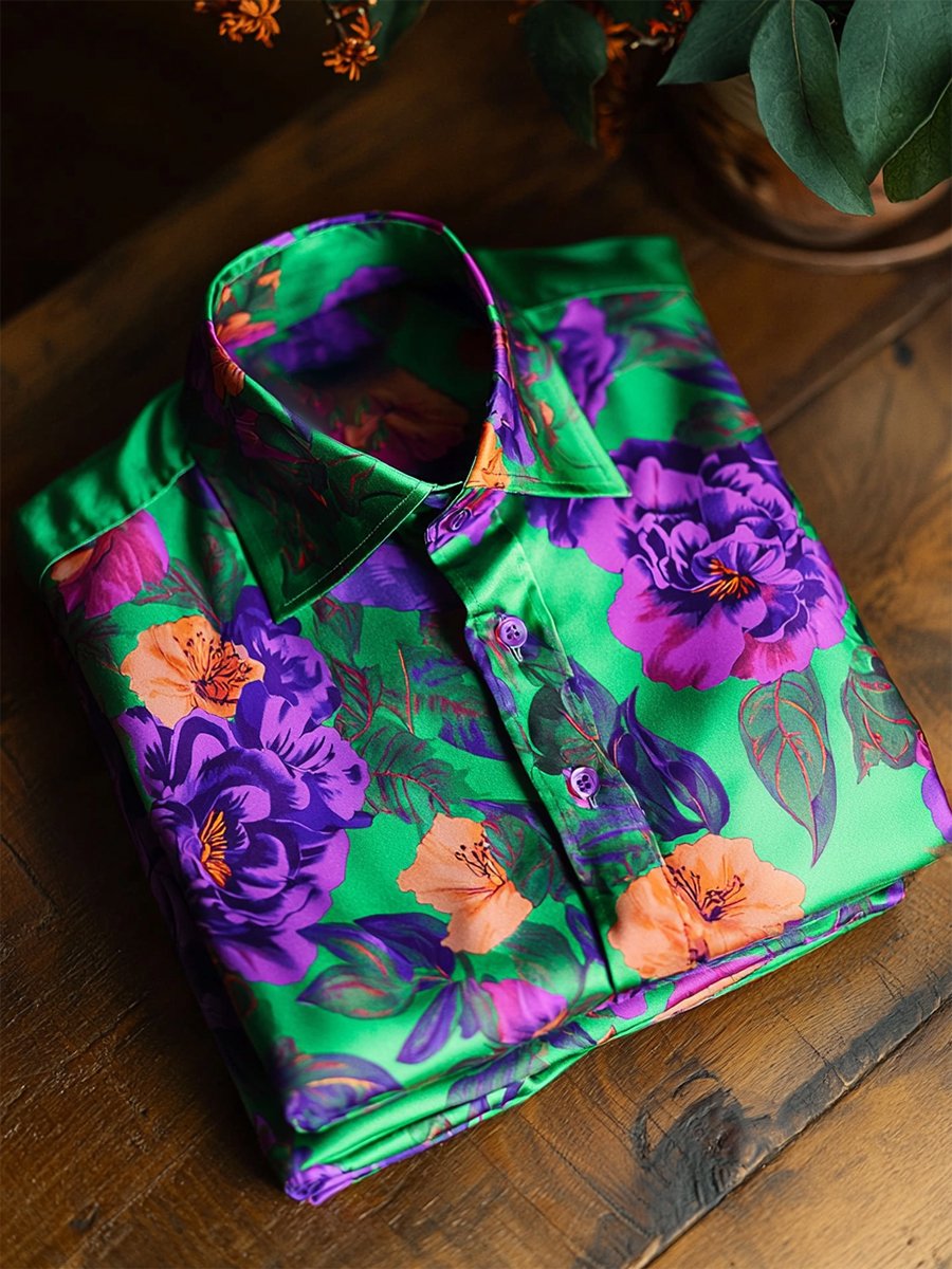 Camisa satén Luxe hawaiano estampado de manga corta Button para hombre
