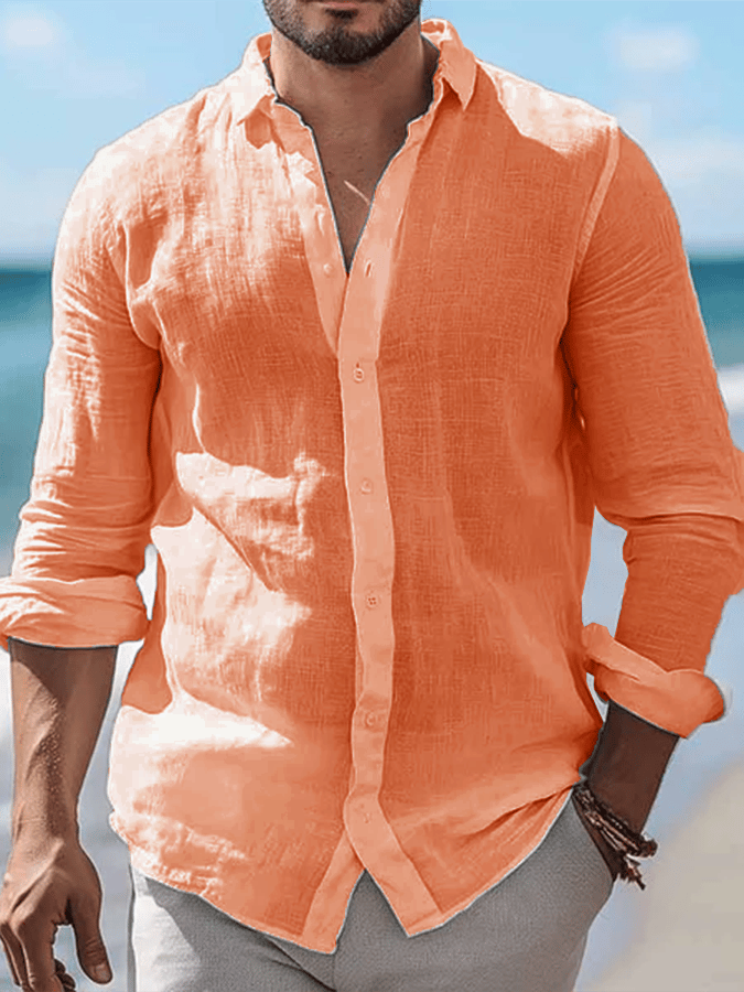 Camisa retro de color sólido de manga larga casual para hombre