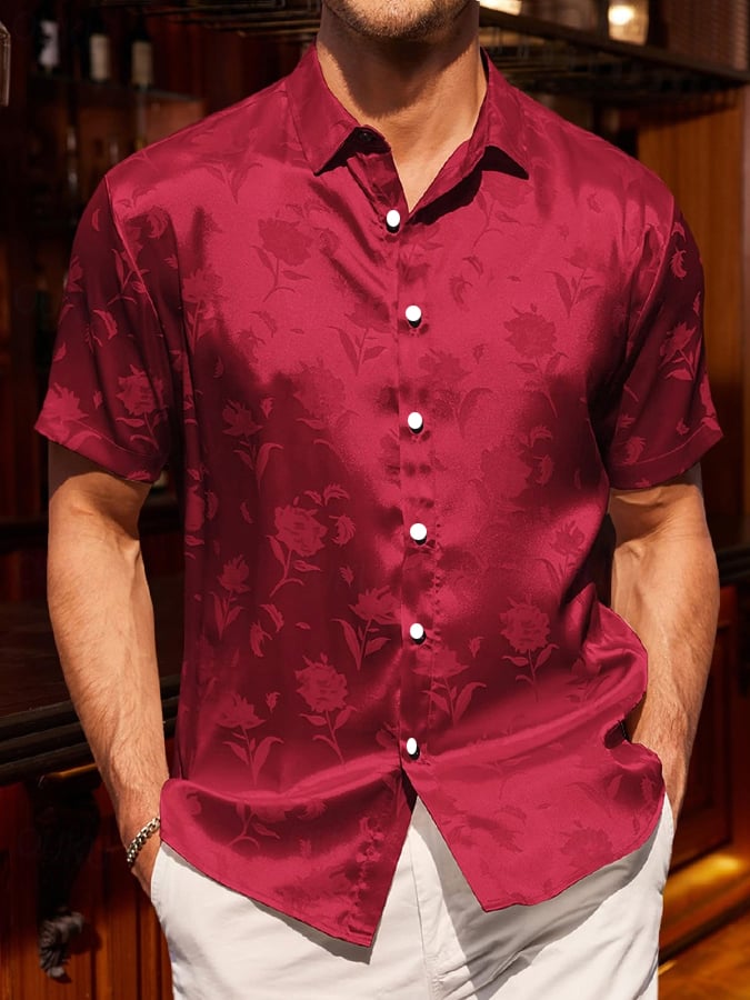 Camisa de moda ejecutivo de lujo satén de color sólido de manga corta para hombre