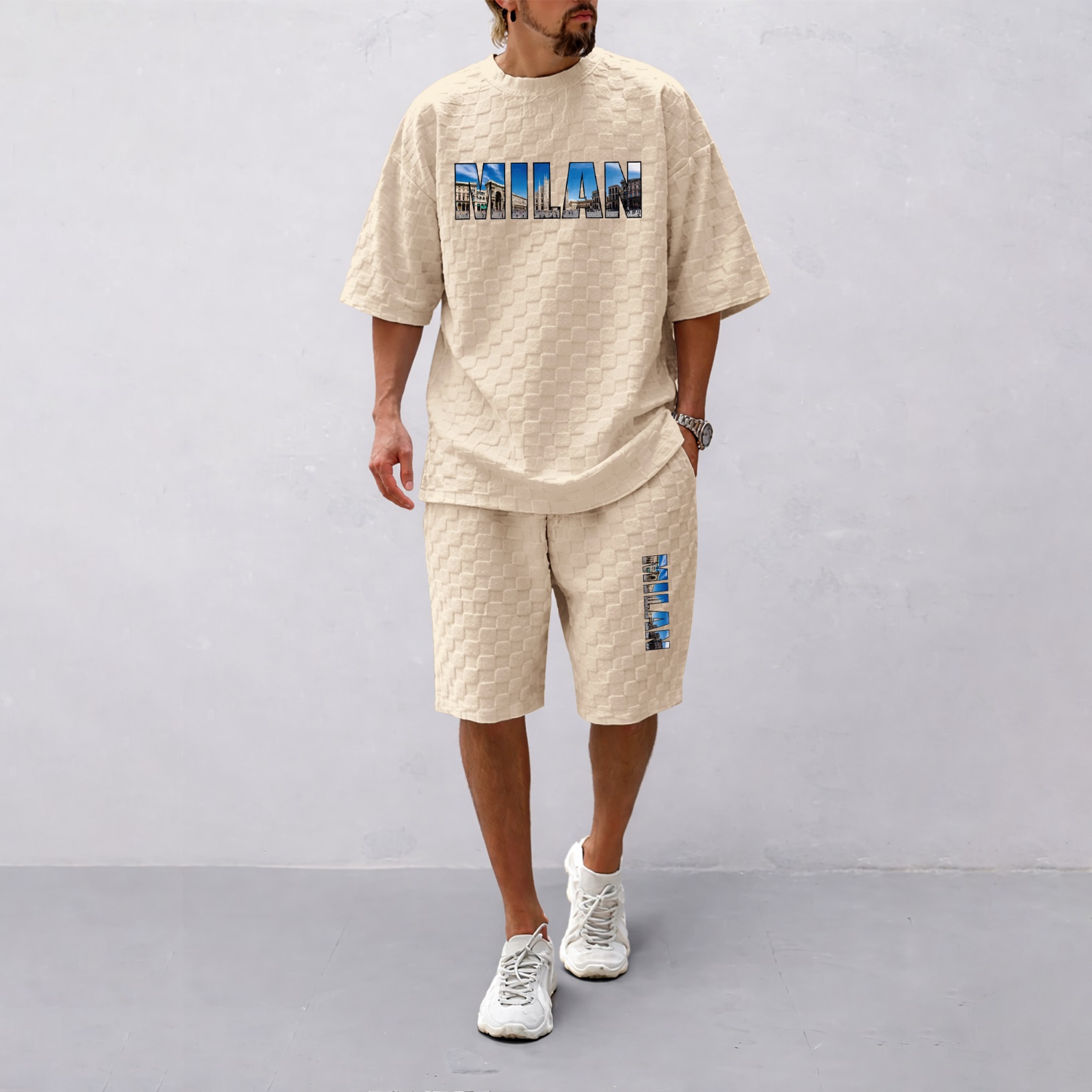 Camisa Spring and Summer Milan Letter estampado Checkered Fabric Drawstring shorts Set, casual Summer Outfit with de manga corta and shorts, Ideal for Everyday Wear and Sports Activities para hombre