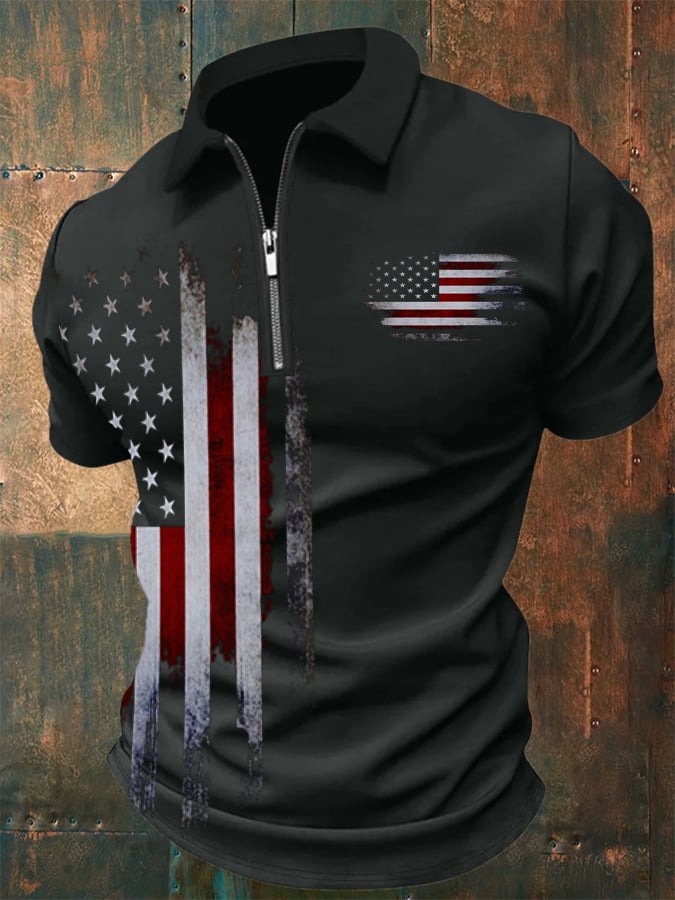 Camisa polo vintage Flag estampado de manga corta para hombre