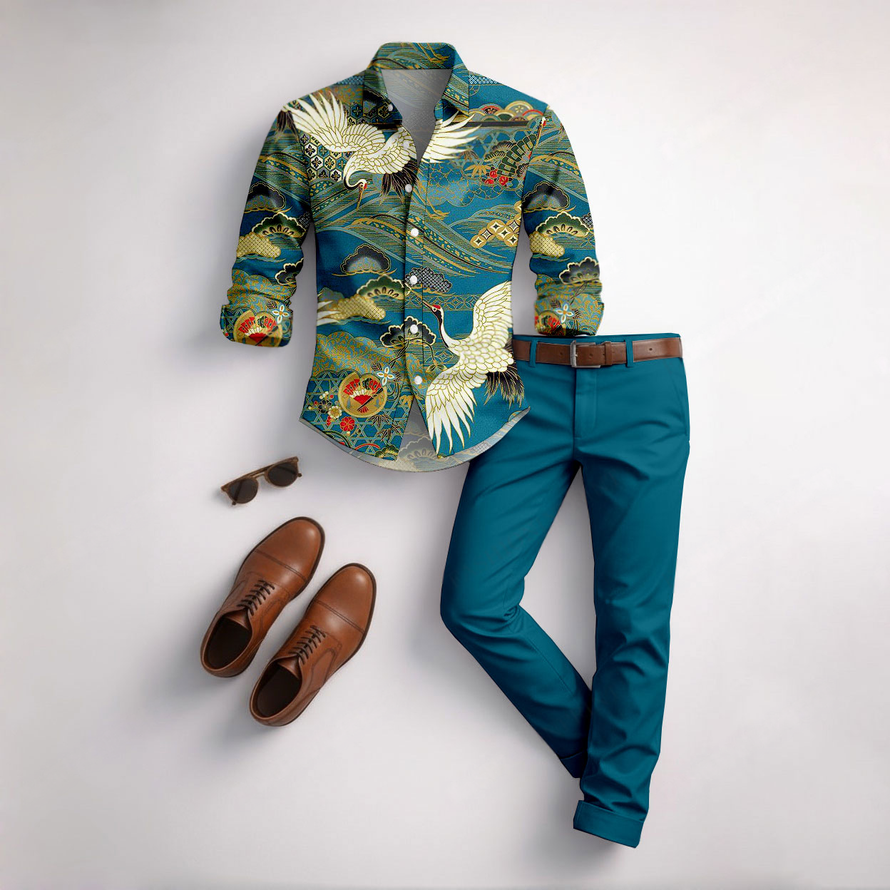 Conjunto de dos piezas casual Dark Green Crane Color Matching Geometric estampado de manga larga camisa & Trousers para hombre