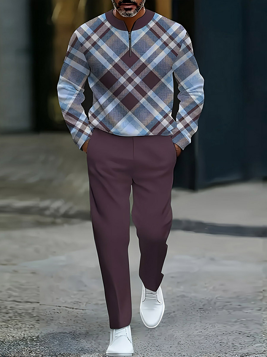 Conjunto de dos piezas casual Blue & Purple Color Matching Checkered estampado Round-Neck Zipper de manga larga sudadera & Trousers para hombre