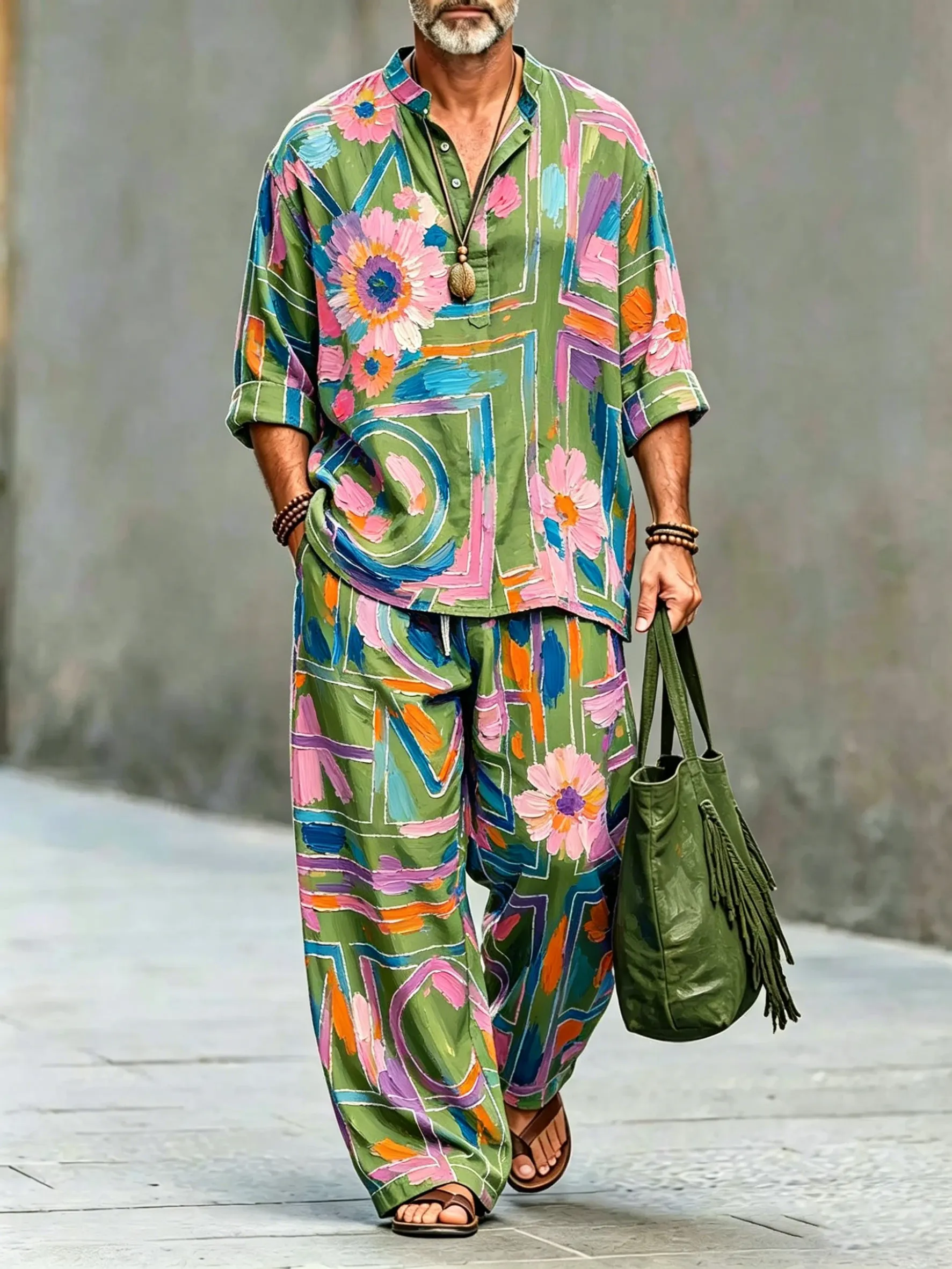 para hombre vintage Abstract Art estampado de algodón camisa Set (Top & pantalón)