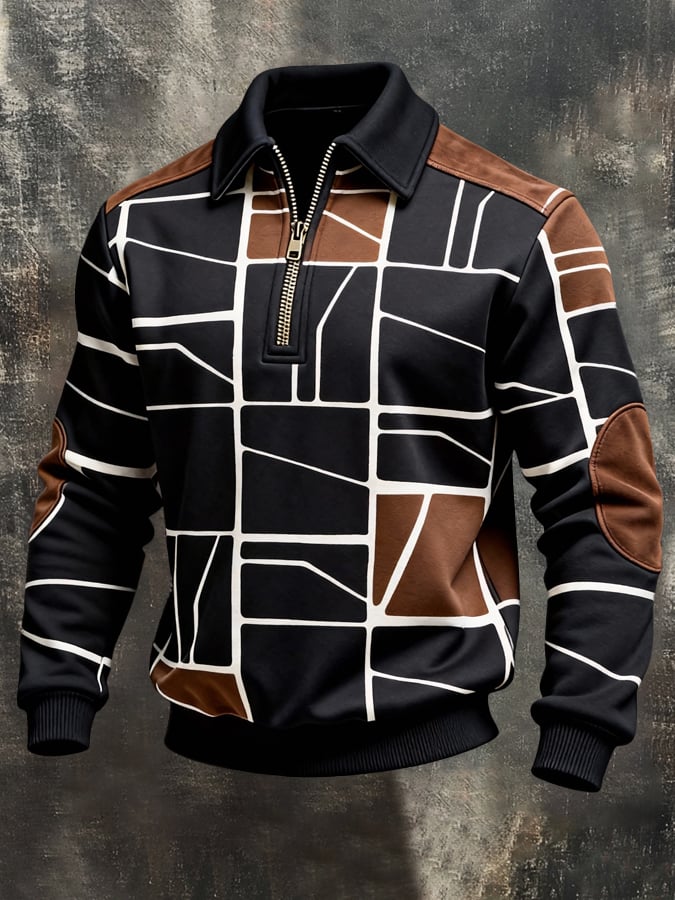 Sudadera retro en bloques de color estampado Color-Blocked con cierre para hombre
