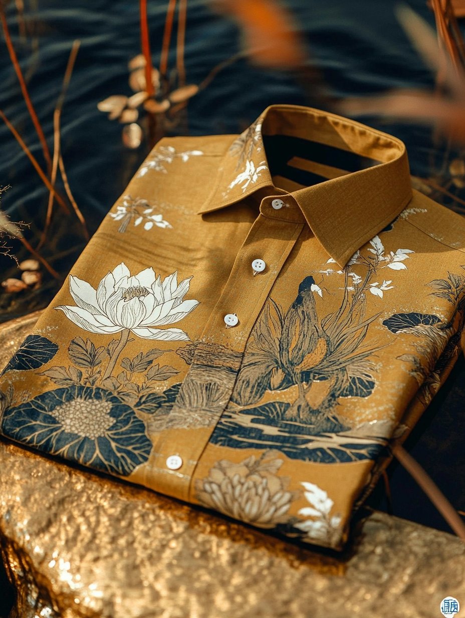 Camisa de lujo clásico Ukiyo-e de manga larga para hombre