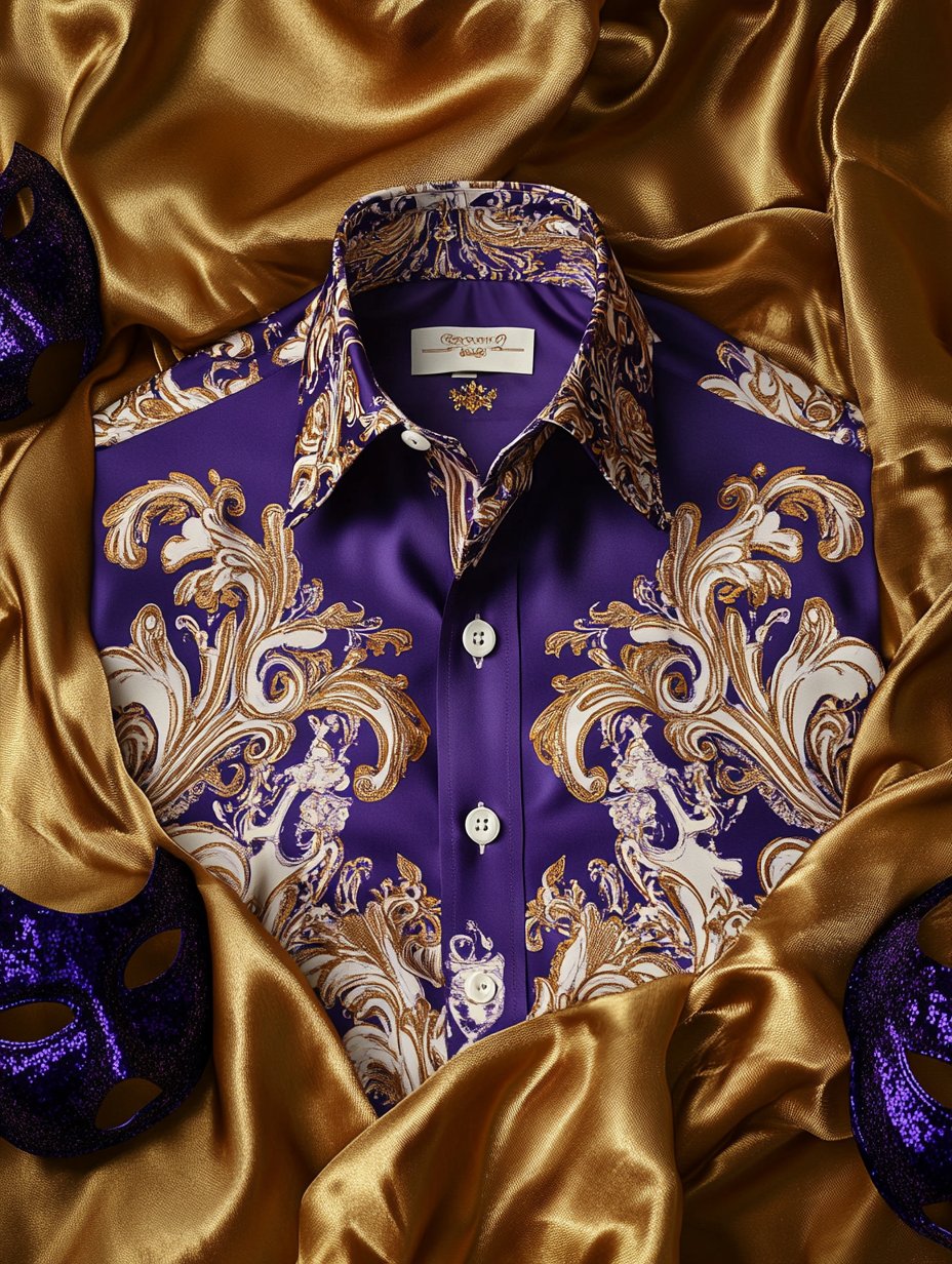 Camisa Purple Carnival Theme de lujo seda de manga larga para hombre