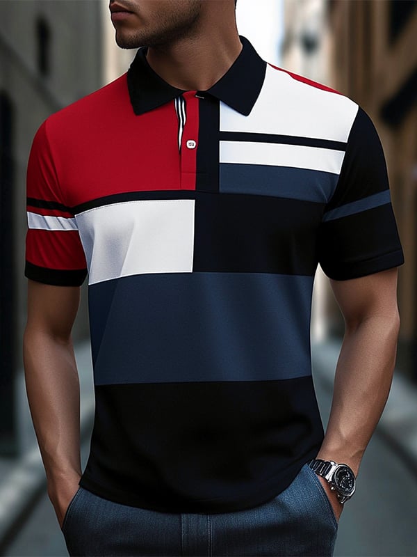 Camisa polo ejecutivo rayas Logo con botones de manga corta para hombre