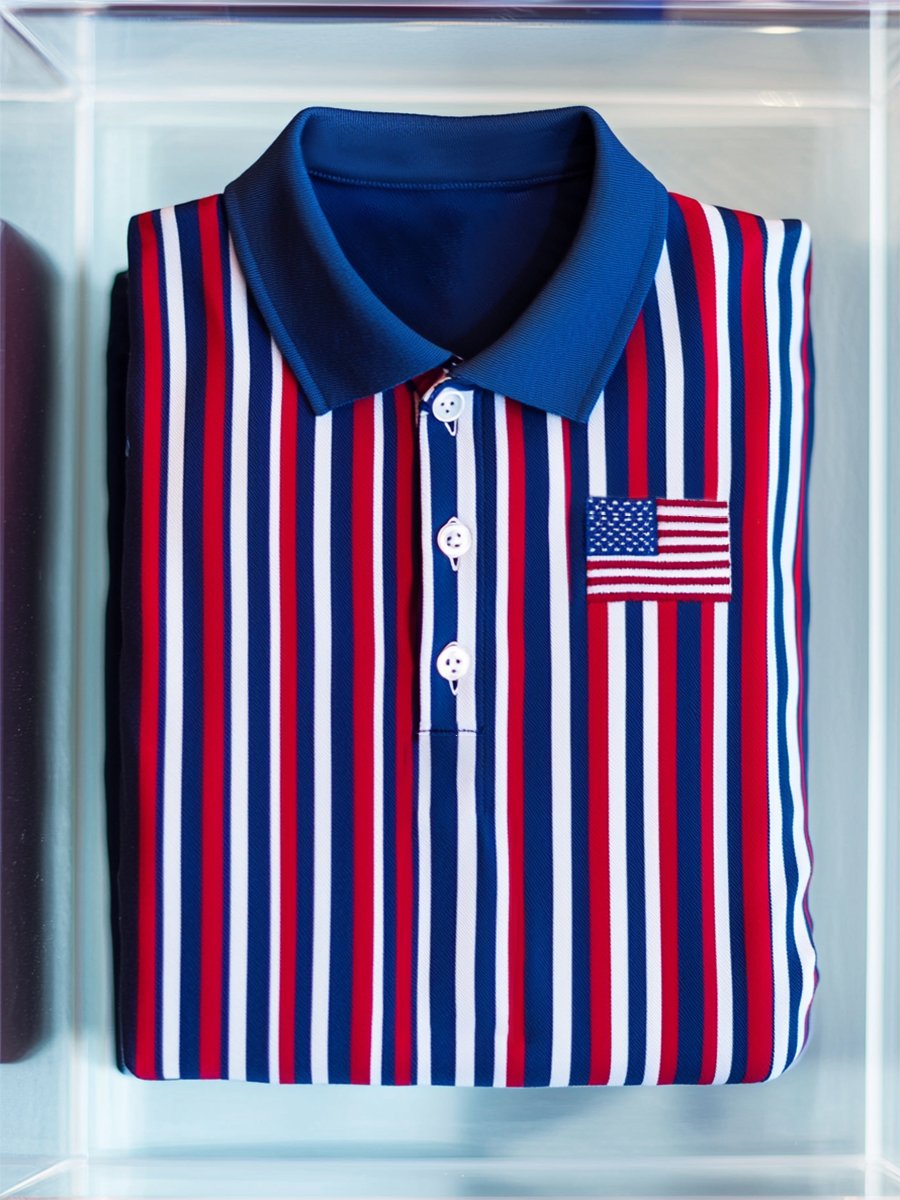 Camisa polo ejecutivo casual Independence Day a rayas Button de manga corta para hombre
