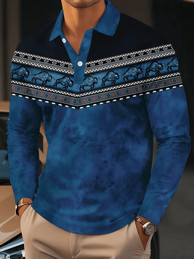 Camisa polo retro ejecutivo rayas estampado de manga larga para hombre