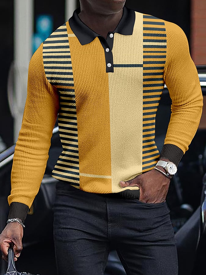 Camisa polo Colorblocked rayas casual Waffle de manga larga para hombre