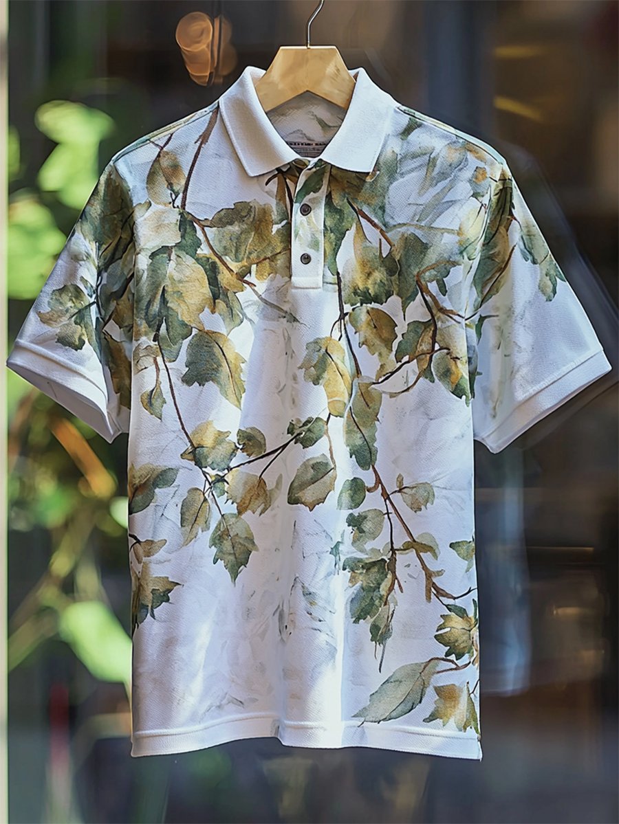 Camisa polo casual Festive floral estampado Button de manga corta para hombre