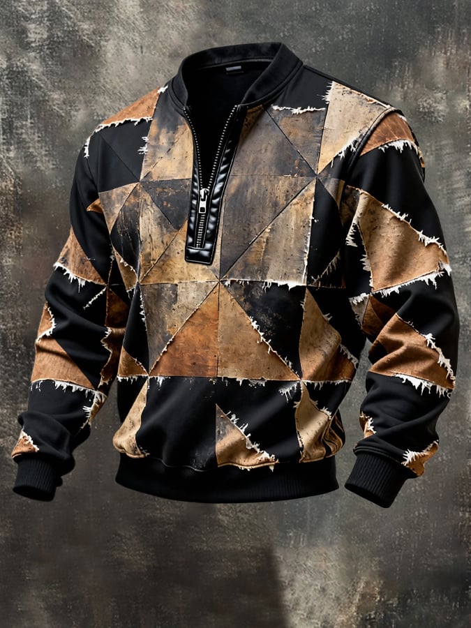 Sudadera vintage Color-Block estampado con cierre con gorrasucha para hombre