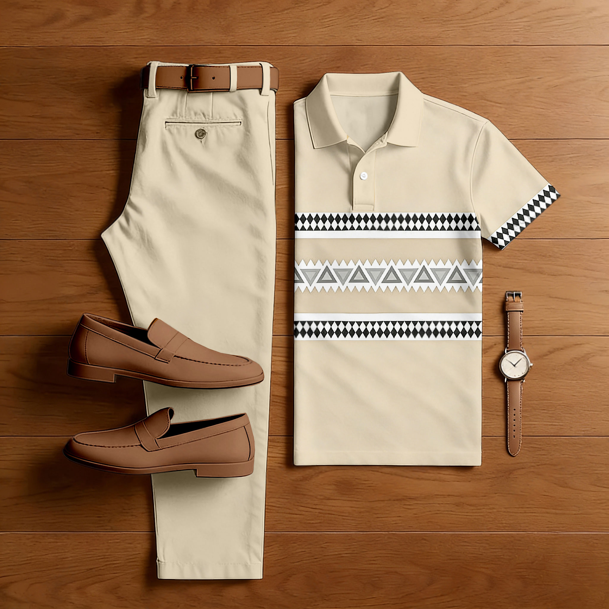 Conjunto de dos piezas casual Apricot & Black Color Matching Geometric estampado de manga corta camisa polo & Trousers para hombre