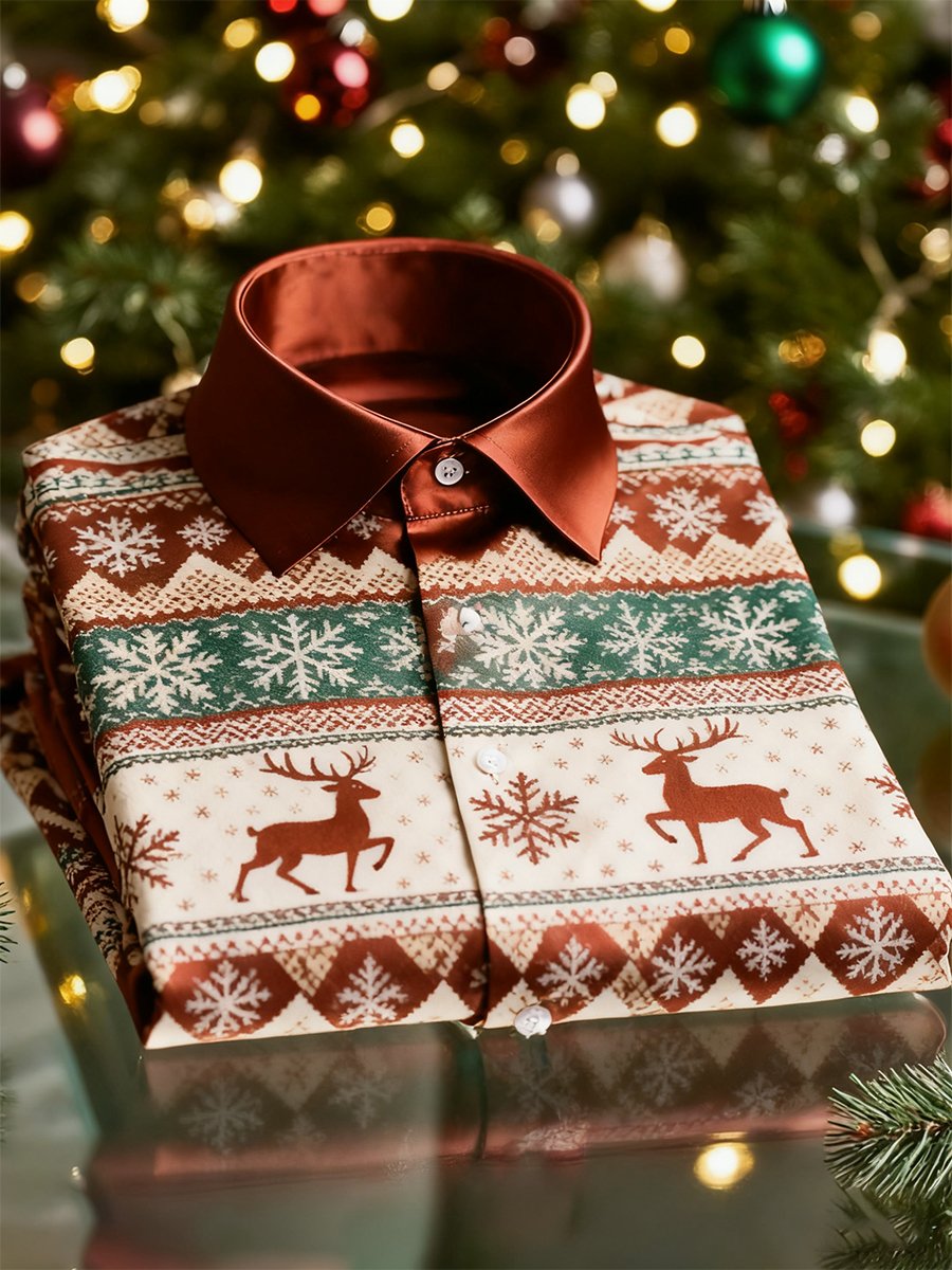Camisa Christmas de manga larga con botones para hombre