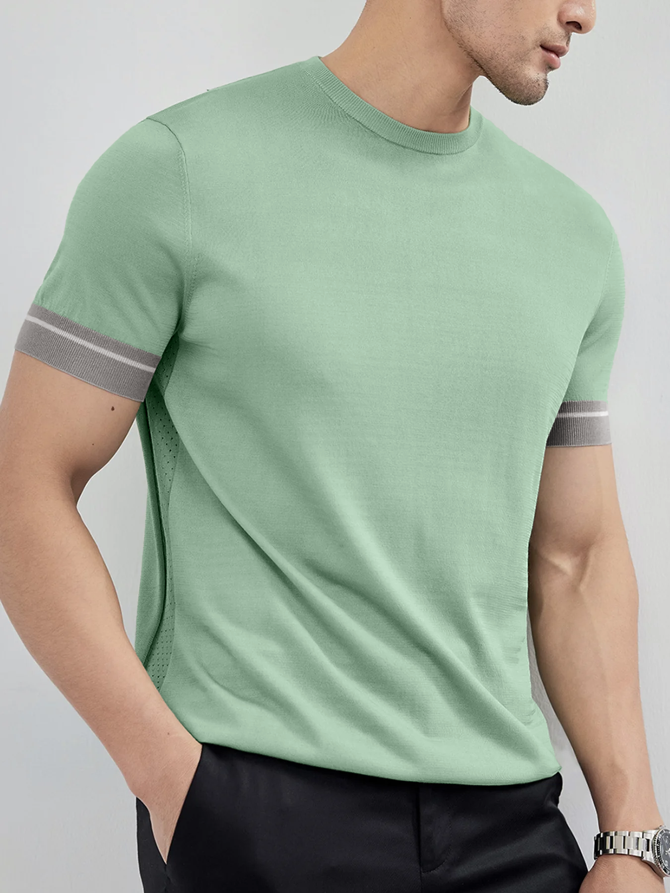 Camiseta Cooltejido en bloques de colored Cuffs de manga corta tejidoted