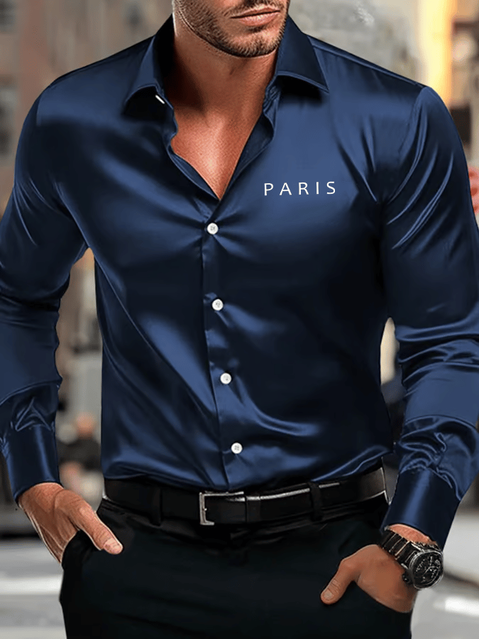 Camisa vintage ejecutivo casual estampado satén de manga larga para hombre