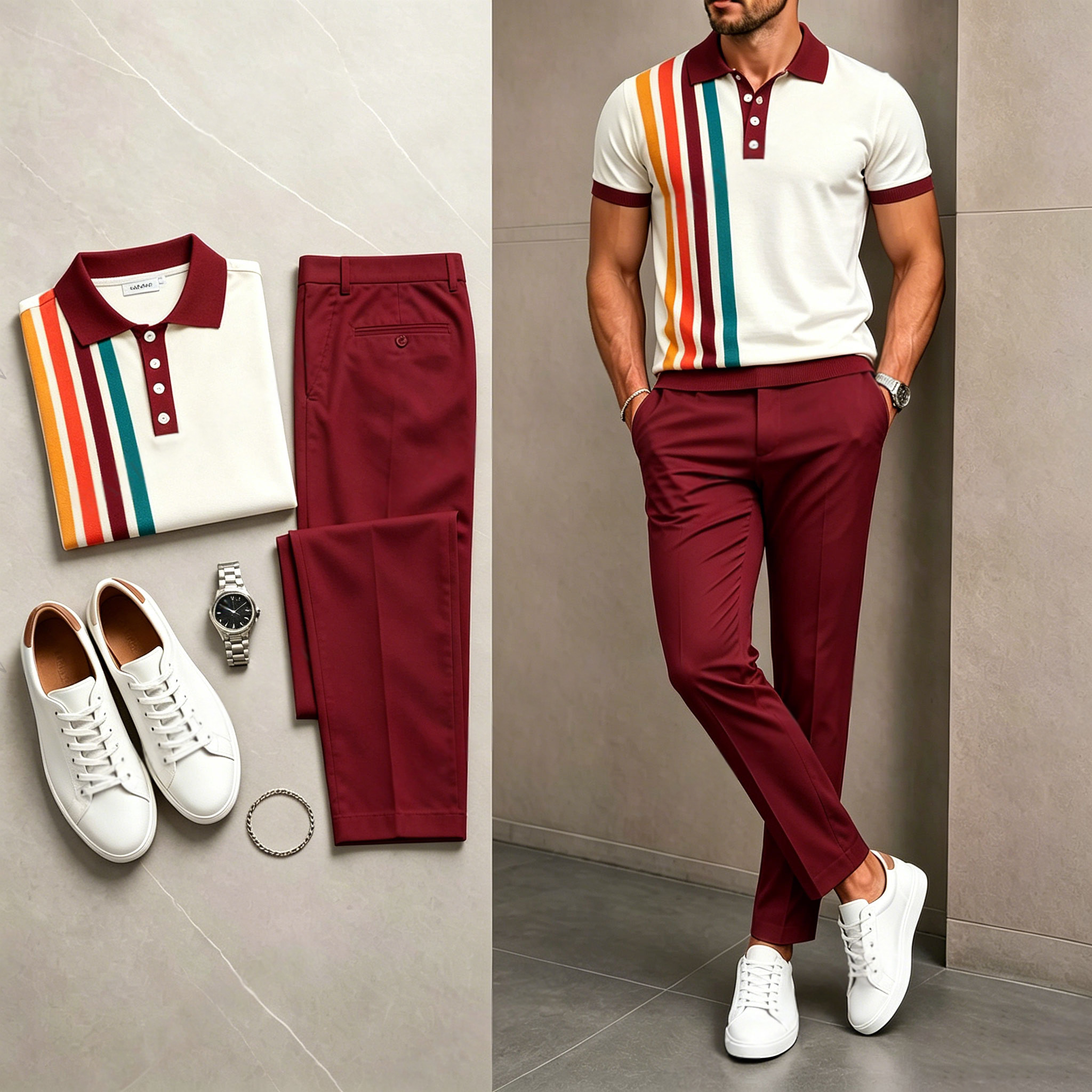 Conjunto de dos piezas casual Burgundy rayas estampado camisa polo And pantalón para hombre