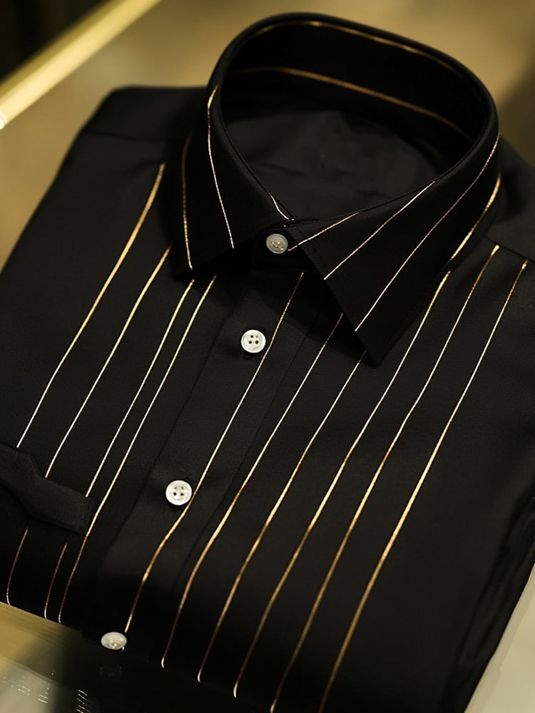 Camisa ejecutivo casual Gold a rayas solapa de manga corta para hombre