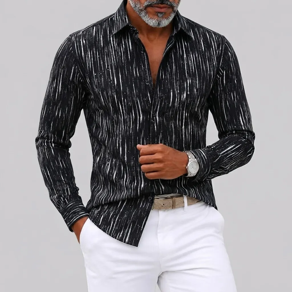 para hombre Abstract Stripe Print Turndown Collar de corte entallado de manga larga camisa