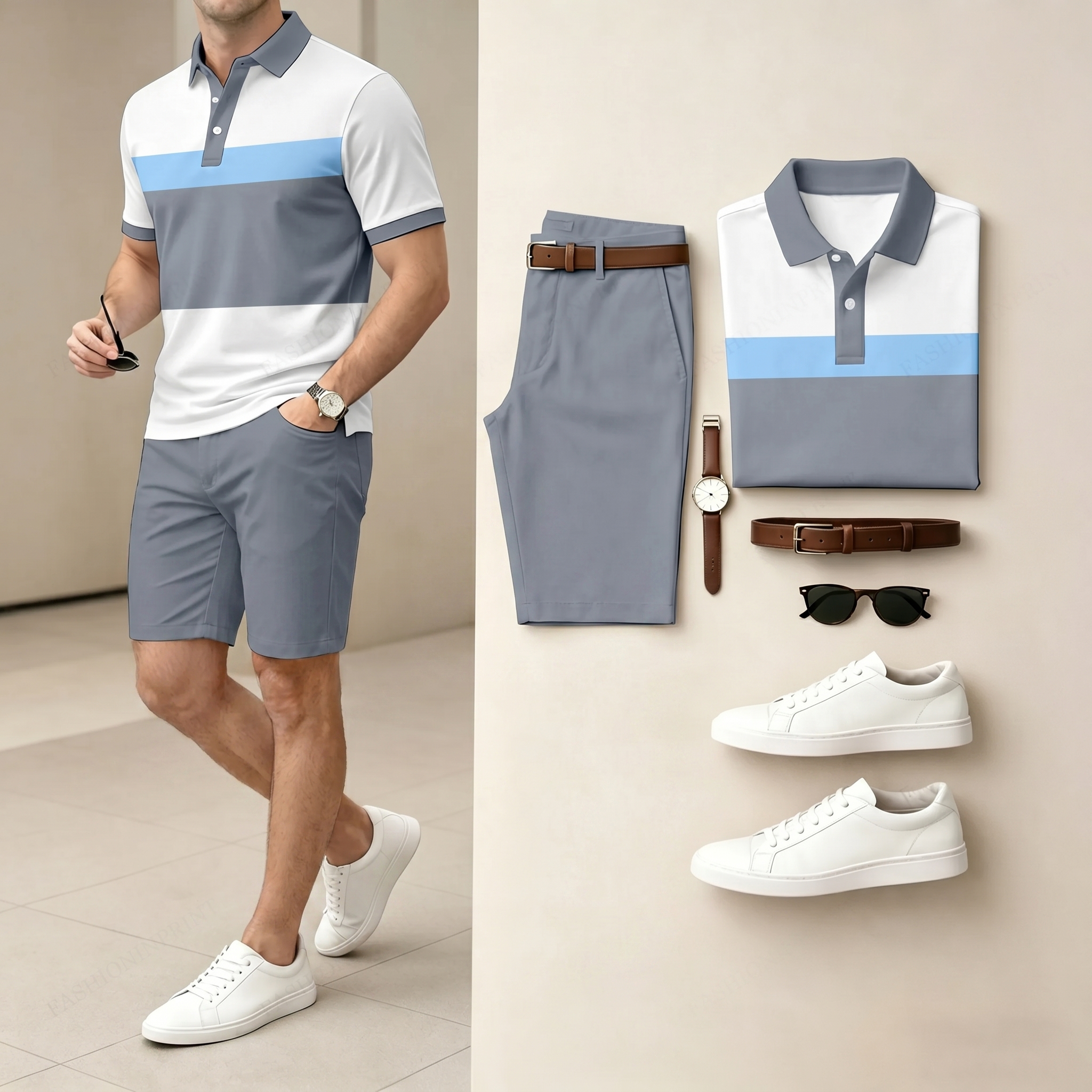 Conjunto de dos piezas casual Gray And Blue Color Spliced rayas camisa polo & shorts para hombre