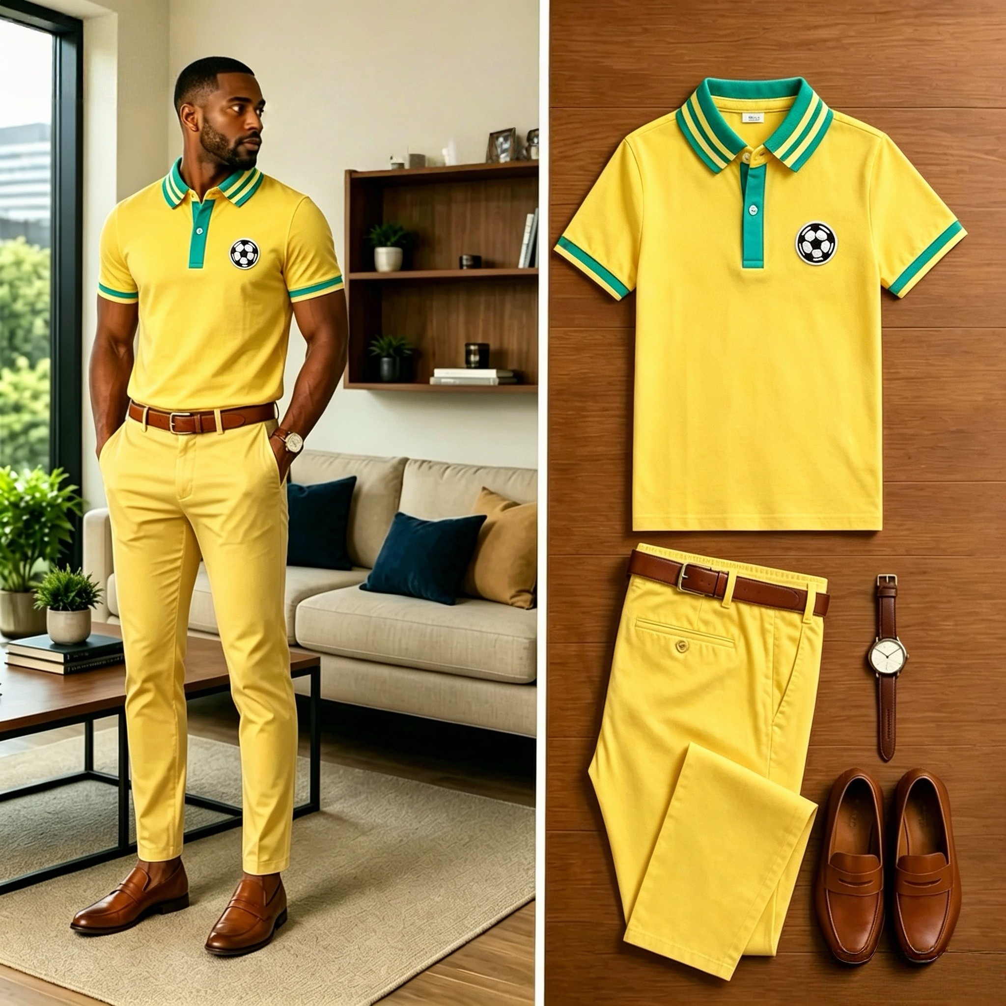 Conjunto de dos piezas casual Yellow Green Contrasting estampado camisa polo And pantalón para hombre