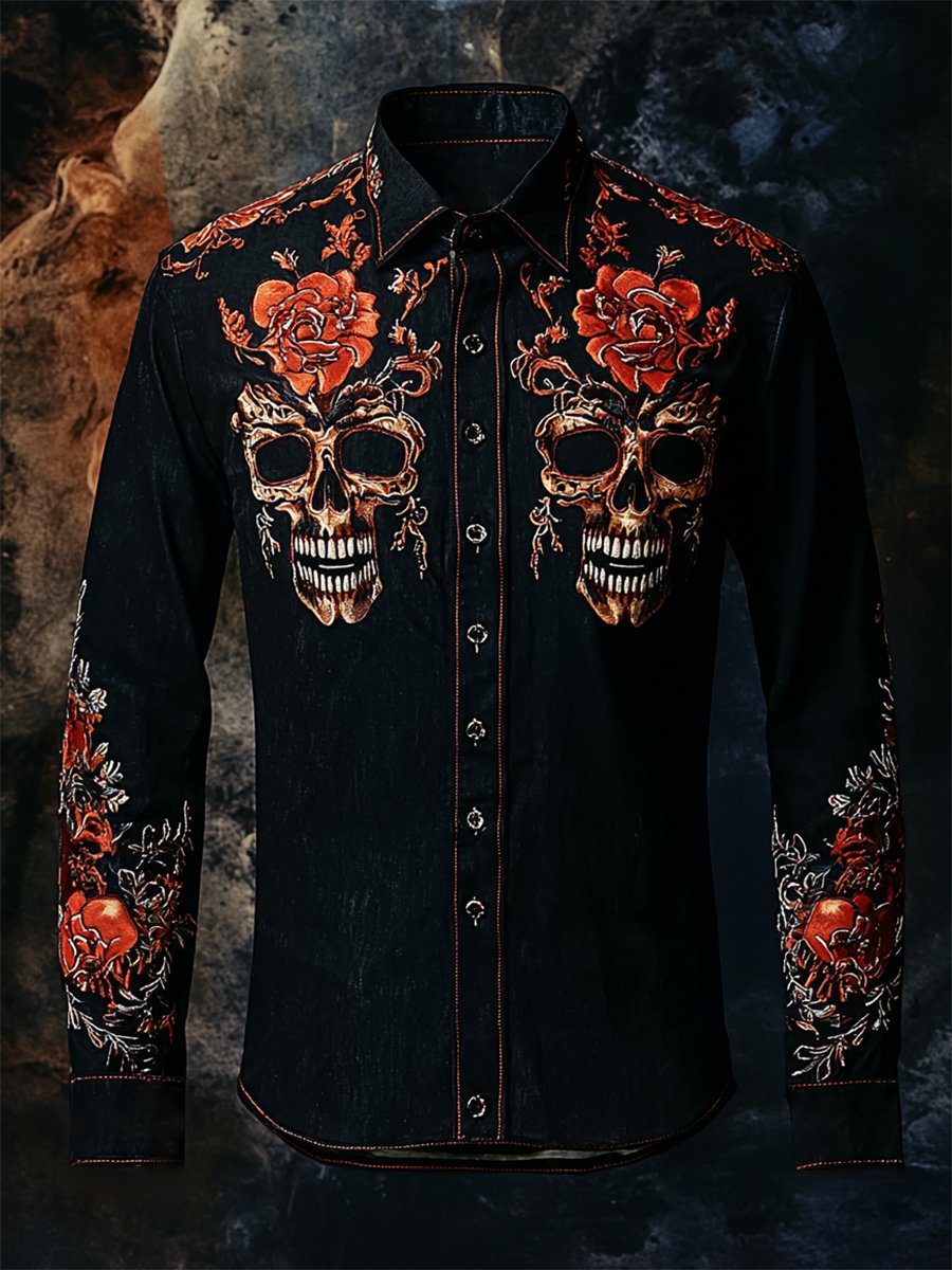 Camisa retro casual Skull estampado de manga larga para hombre