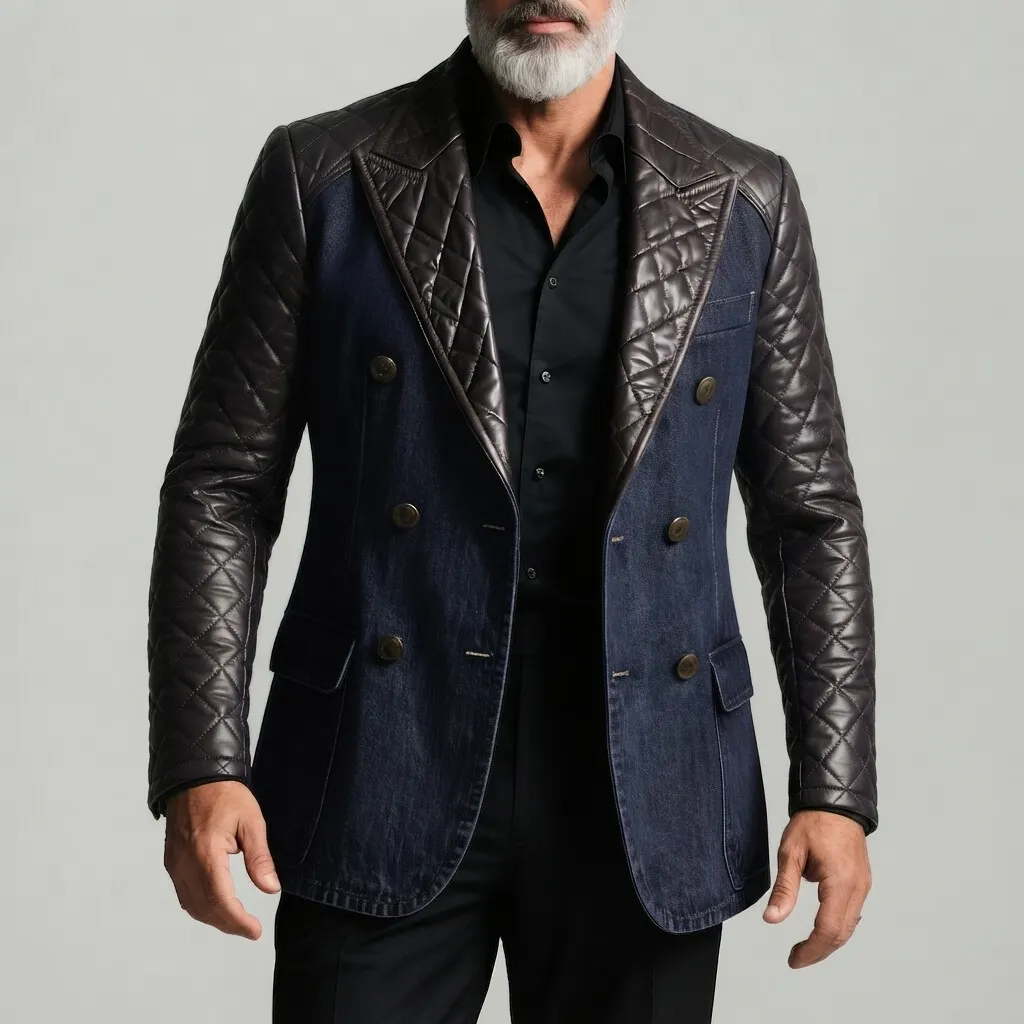para hombre de moda Peak Lapel Double Breasted Quilted PU Leather Contrast Spliced Denim saco