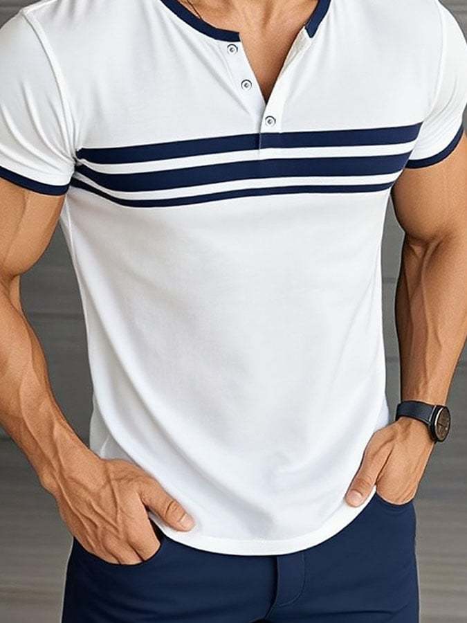 Camisa casual a rayas estampado de manga corta Henley para hombre - vista 2