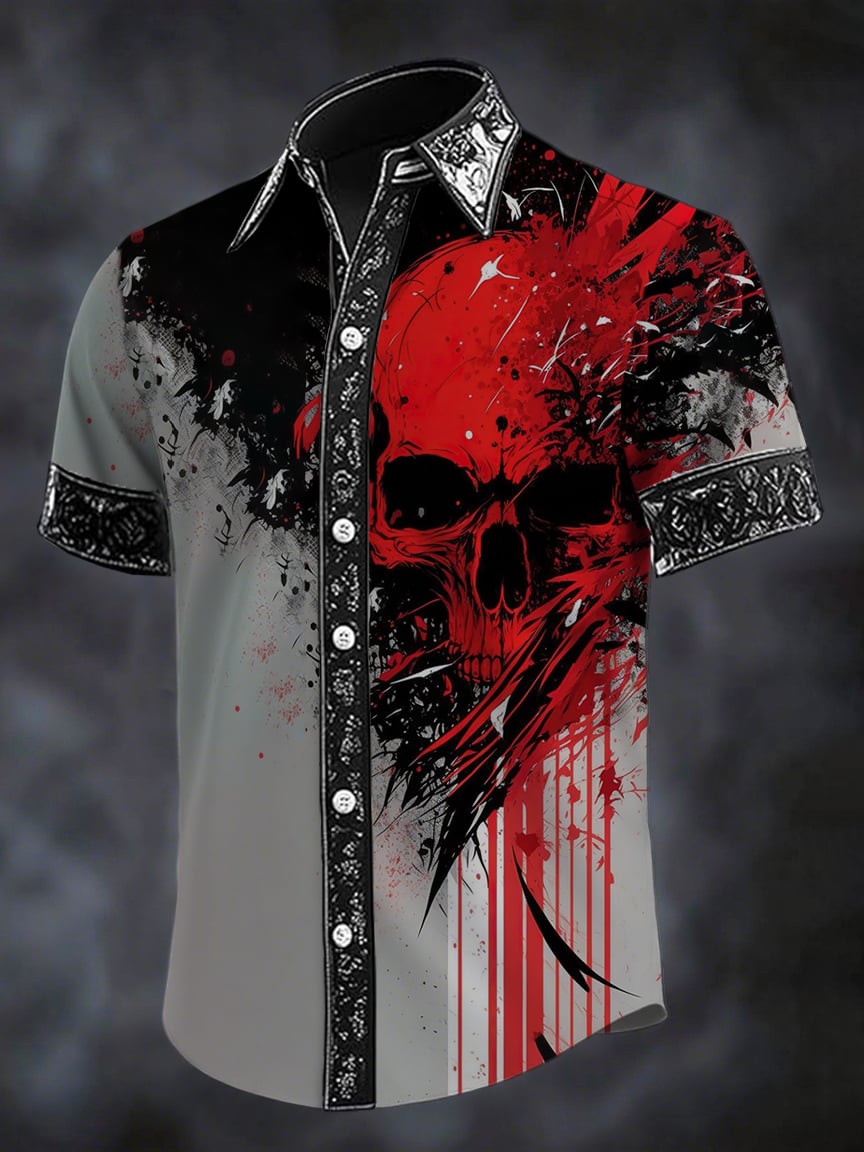Camisa Dark Skull estampado casual de manga corta para hombre