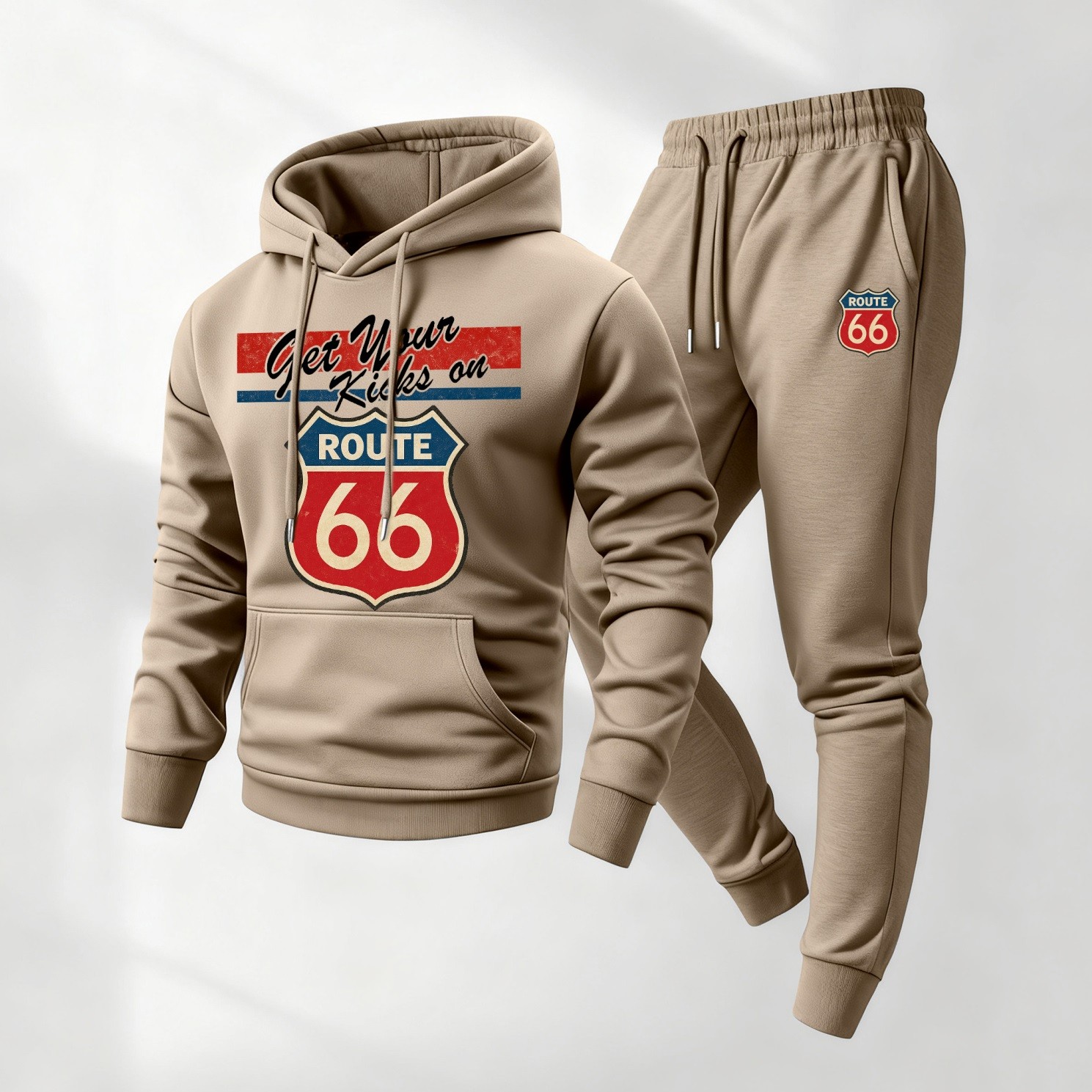 Sudadera con capucha Route 66 retro Patterned And Drawstring Track pantalón Set, casual Athletic de manga larga Hooded chaqueta And pantalón, Suitable For Fall And Winter, Street Style sudadera con capucha Set, Everyday Wear, Indoor And para exterior Sportswear, para hombre
