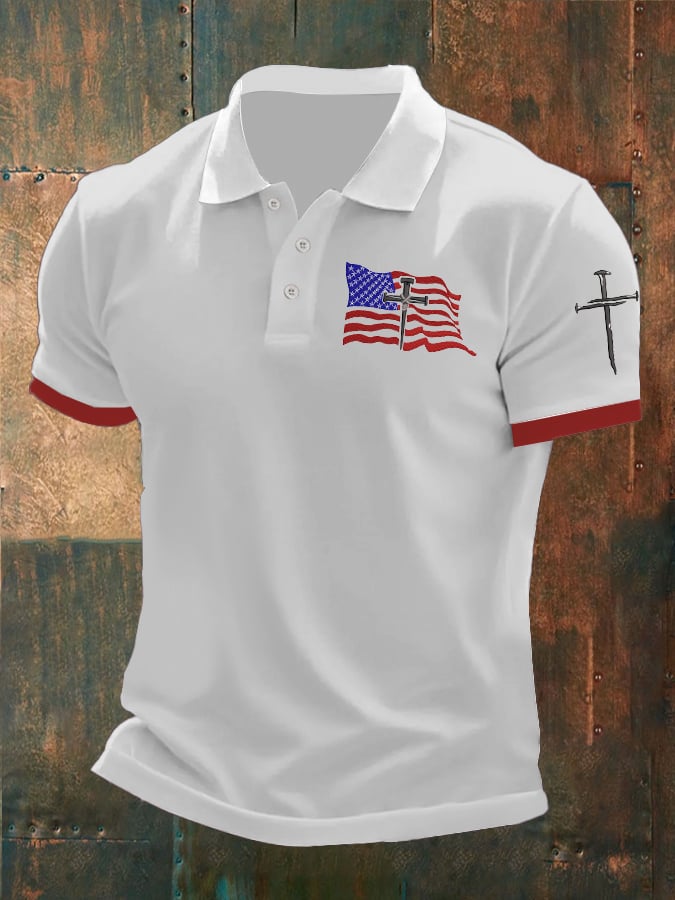 Camisa polo Independence Day Flag estampado casual para hombre