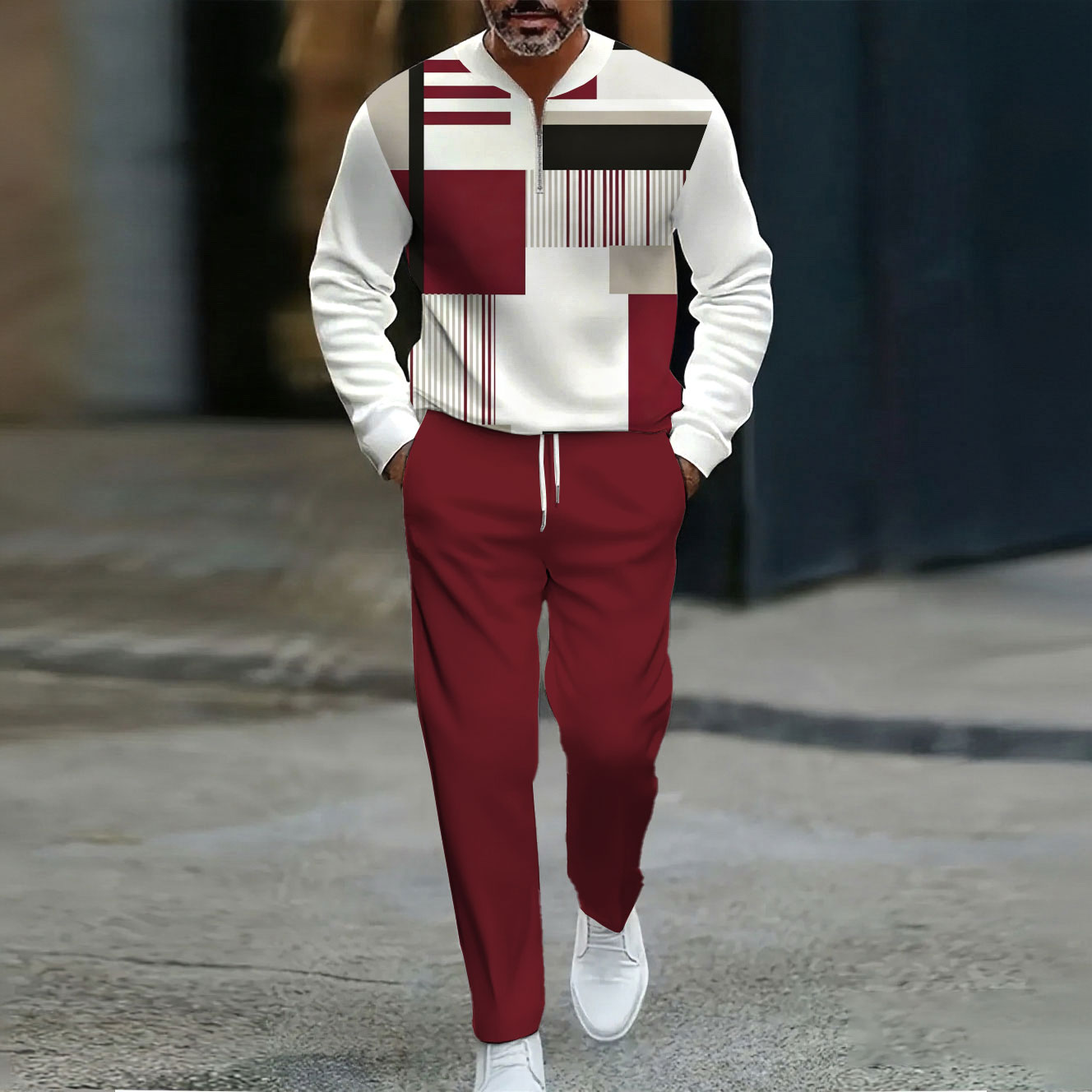 Conjunto de dos piezas casual Maroon & White Color Matching Geometric estampado Round-Neck Zipper de manga larga Trousers para hombre
