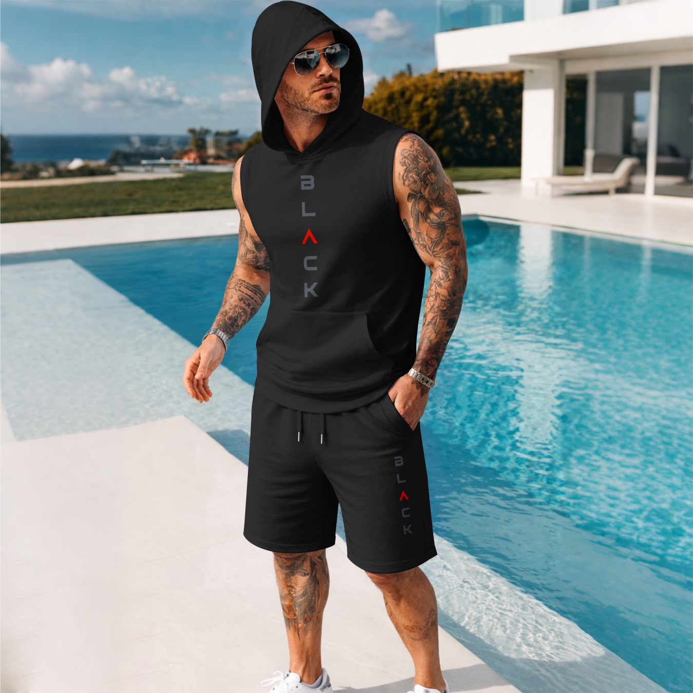 Sudadera con capucha Sleeveless & shorts Set – “BLACK” Vertical Graphic Design, casual Summer Streetwear, Regular Fit Two-Piece Tracksuit, Athletic para exterior Activewear, TikTok Trending Summer Outfit para hombre