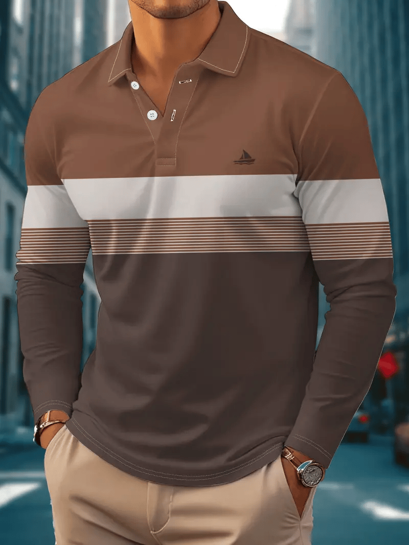 Camisa polo retro ejecutivo rayas estampado de manga larga para hombre